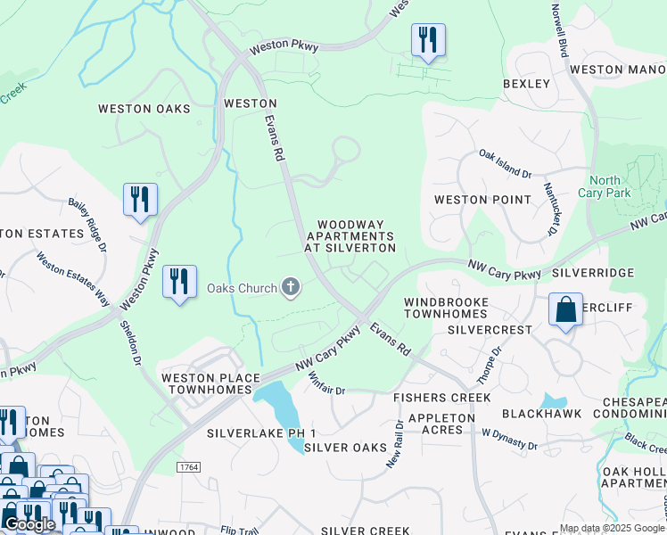 map of restaurants, bars, coffee shops, grocery stores, and more near 325 Woodway Bluff Circle in Cary