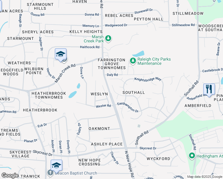 map of restaurants, bars, coffee shops, grocery stores, and more near 4216 Birmingham Way in Raleigh