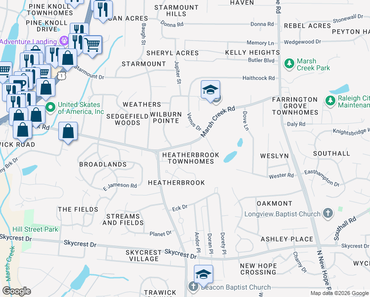 map of restaurants, bars, coffee shops, grocery stores, and more near 3611 Marsh Creek Road in Raleigh