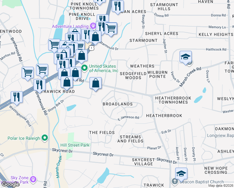 map of restaurants, bars, coffee shops, grocery stores, and more near 3201 Flintshire Road in Raleigh