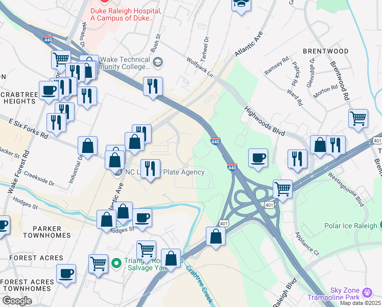 map of restaurants, bars, coffee shops, grocery stores, and more near 1570 Atria Circle in Raleigh