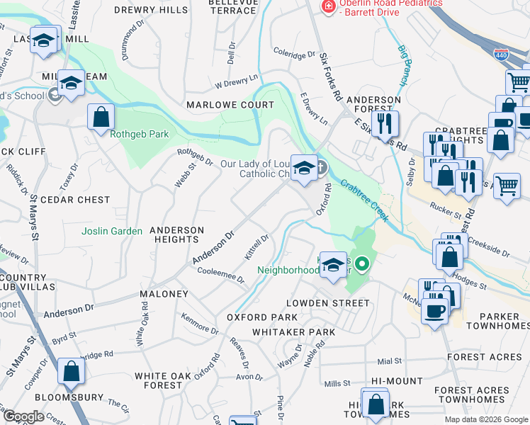 map of restaurants, bars, coffee shops, grocery stores, and more near 2806 Anderson Drive in Raleigh