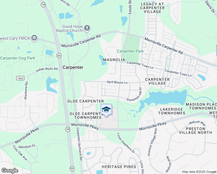 map of restaurants, bars, coffee shops, grocery stores, and more near 413 April Bloom Lane in Cary