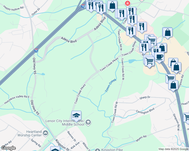 map of restaurants, bars, coffee shops, grocery stores, and more near Town Creek Parkway in Lenoir City