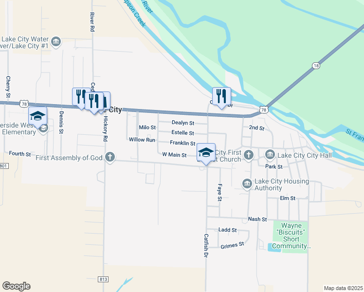 map of restaurants, bars, coffee shops, grocery stores, and more near 1008 Franklin Street in Lake City