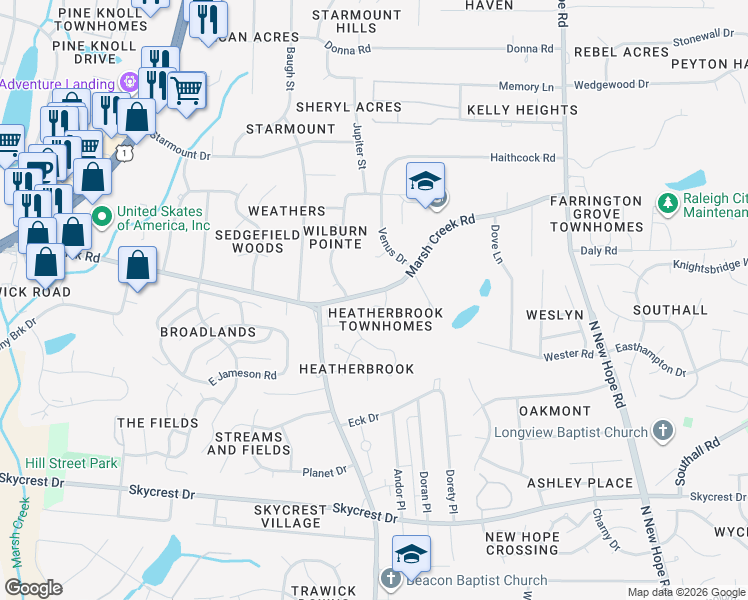 map of restaurants, bars, coffee shops, grocery stores, and more near 3611 Marsh Creek Road in Raleigh