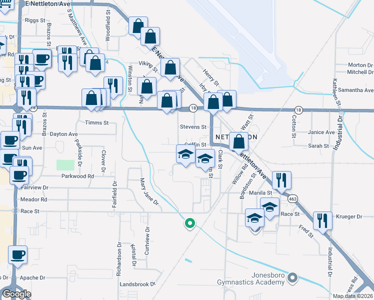 map of restaurants, bars, coffee shops, grocery stores, and more near 3813 Griffin Street in Jonesboro