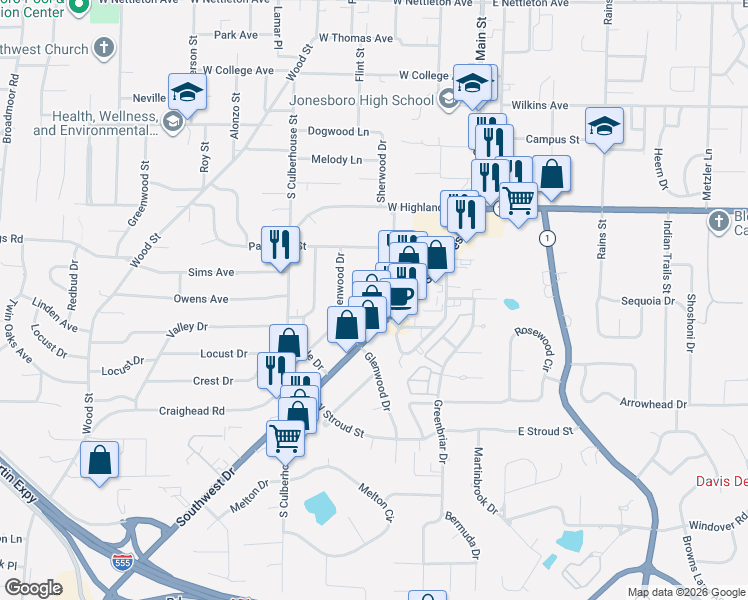 map of restaurants, bars, coffee shops, grocery stores, and more near 407 Ridgecrest Street in Jonesboro