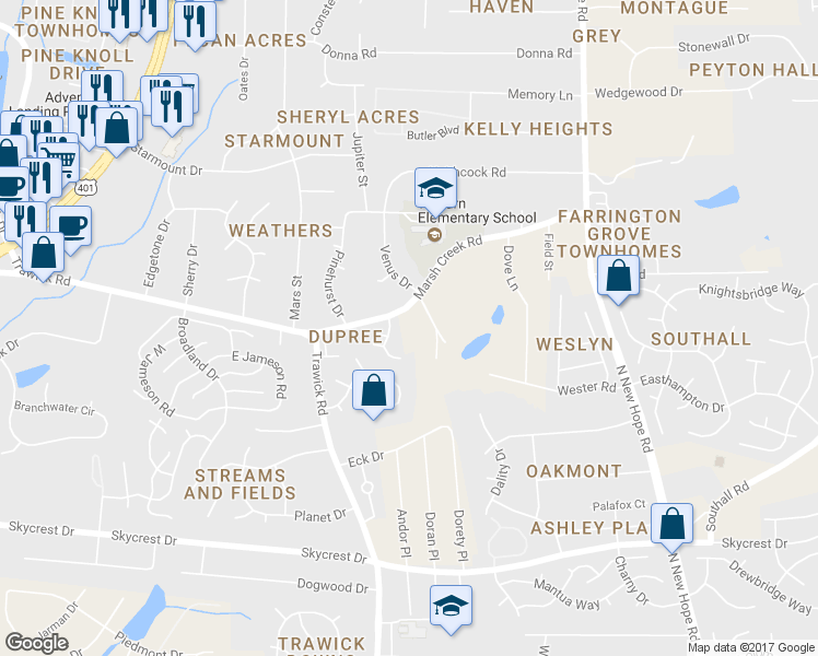 map of restaurants, bars, coffee shops, grocery stores, and more near 3630 Marsh Creek Road in Raleigh