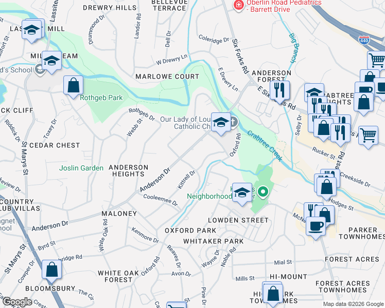 map of restaurants, bars, coffee shops, grocery stores, and more near 2806 Anderson Drive in Raleigh