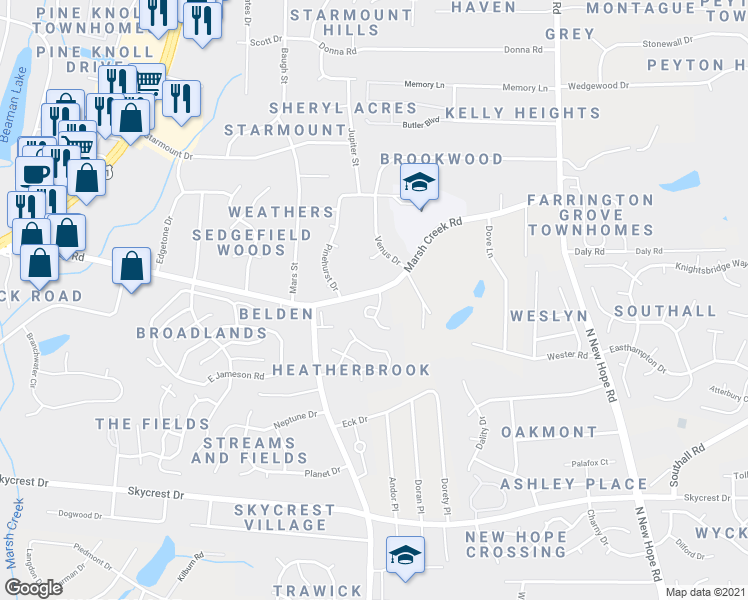 map of restaurants, bars, coffee shops, grocery stores, and more near 2985 Faversham Place in Raleigh