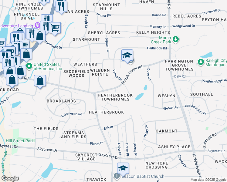 map of restaurants, bars, coffee shops, grocery stores, and more near 2985 Faversham Place in Raleigh