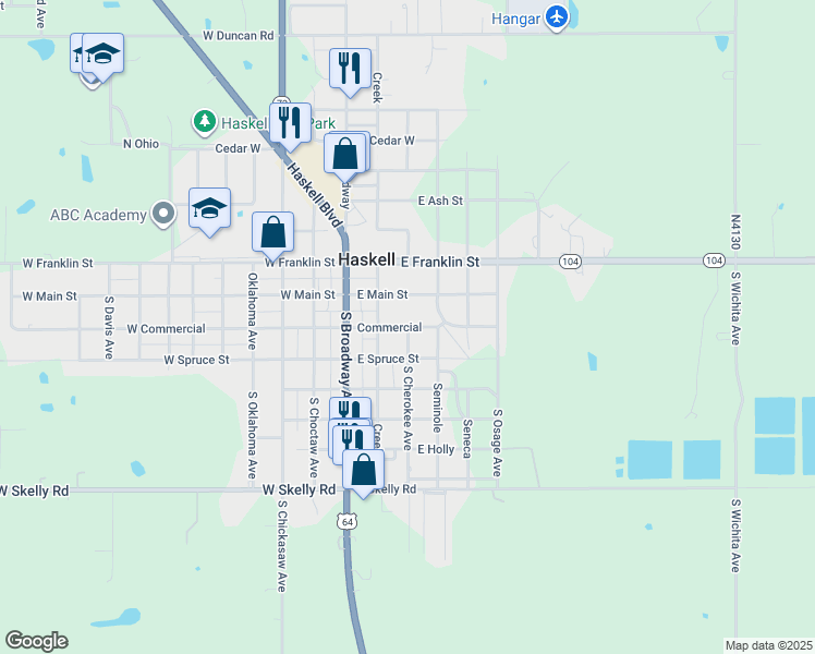 map of restaurants, bars, coffee shops, grocery stores, and more near 110 E Commercial St in Haskell