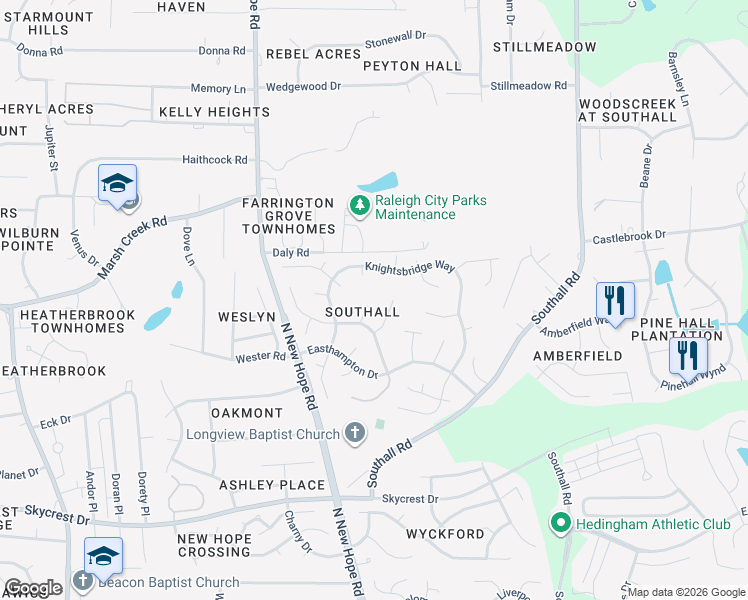 map of restaurants, bars, coffee shops, grocery stores, and more near 2716 Rockbridge Court in Raleigh