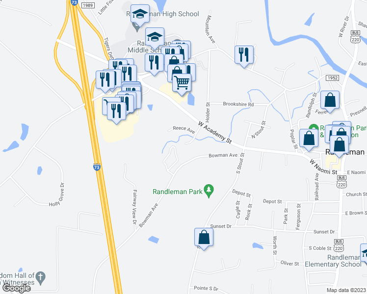 map of restaurants, bars, coffee shops, grocery stores, and more near 119 Reece Court in Randleman