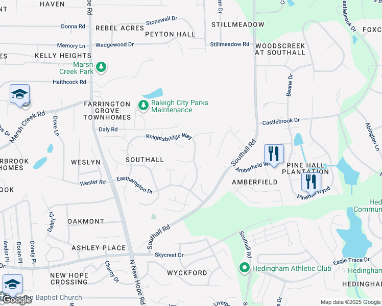 map of restaurants, bars, coffee shops, grocery stores, and more near 2701 Kempsford Place in Raleigh