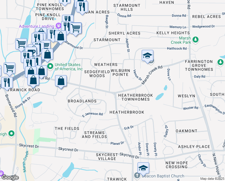 map of restaurants, bars, coffee shops, grocery stores, and more near 2800 Mars Street in Raleigh