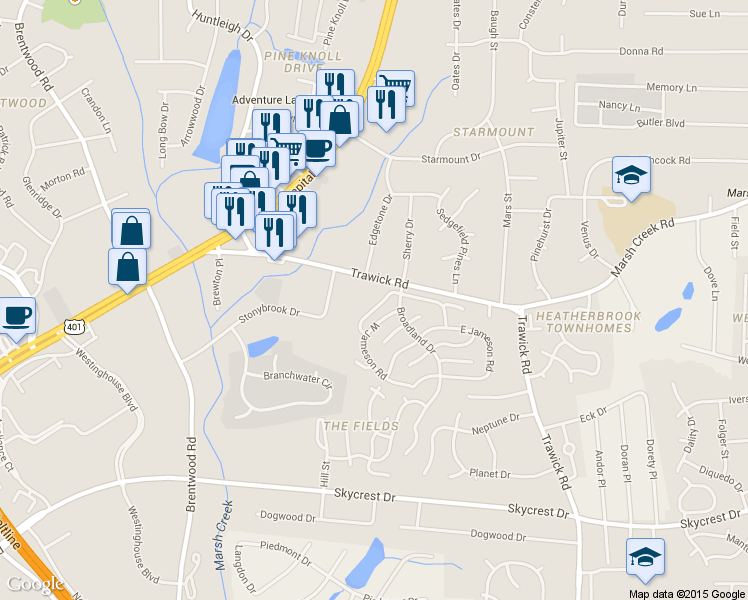 map of restaurants, bars, coffee shops, grocery stores, and more near 3050 Trawick Road in Raleigh