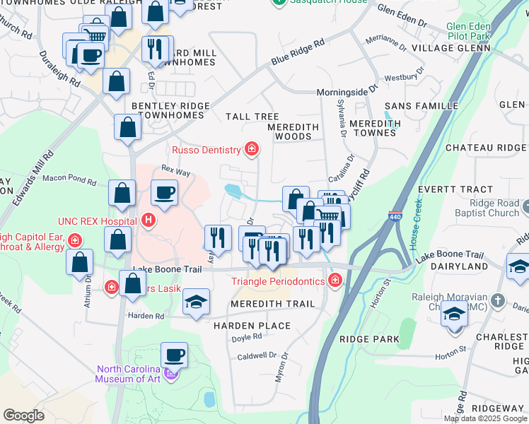 map of restaurants, bars, coffee shops, grocery stores, and more near 8 Landmark Drive in Raleigh