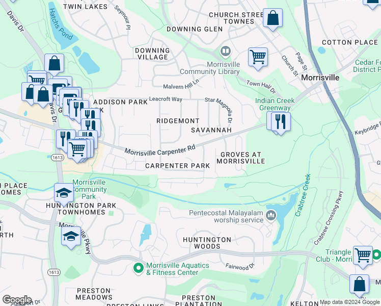 map of restaurants, bars, coffee shops, grocery stores, and more near 116 Rama Court in Morrisville