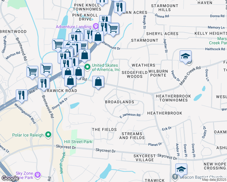 map of restaurants, bars, coffee shops, grocery stores, and more near 2838 Bedfordshire Court in Raleigh