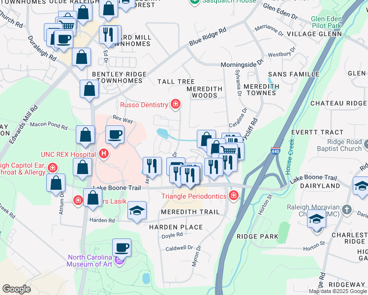 map of restaurants, bars, coffee shops, grocery stores, and more near 8 Landmark Drive in Raleigh