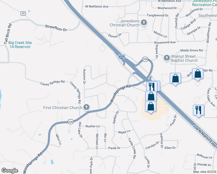 map of restaurants, bars, coffee shops, grocery stores, and more near 2103 Spring Hollow Drive in Jonesboro