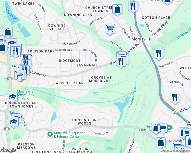map of restaurants, bars, coffee shops, grocery stores, and more near 103 Fox Trail Lane in Morrisville