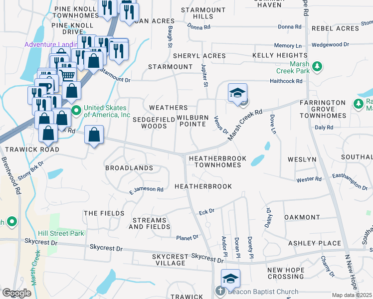 map of restaurants, bars, coffee shops, grocery stores, and more near 3500 Milky Way in Raleigh