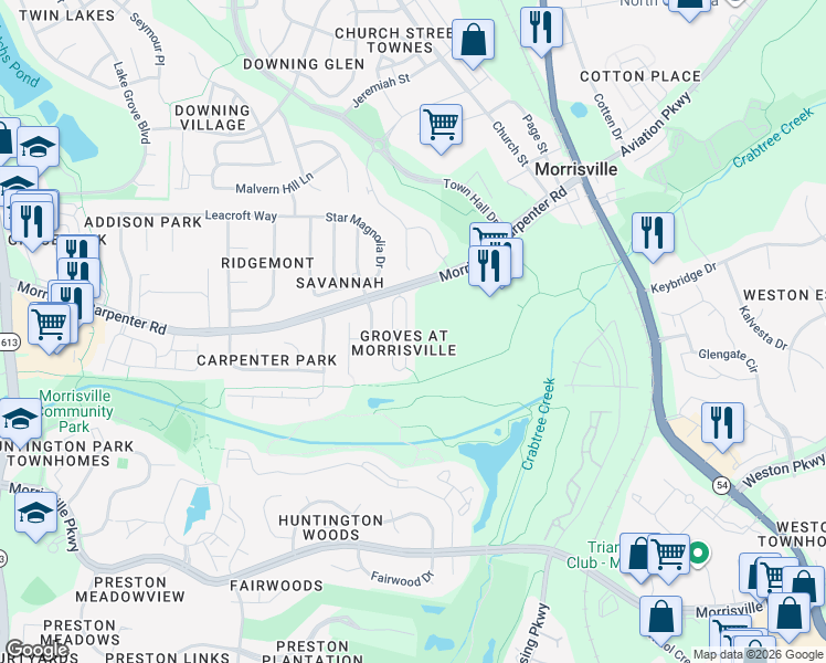 map of restaurants, bars, coffee shops, grocery stores, and more near 103 Fox Trail Lane in Morrisville