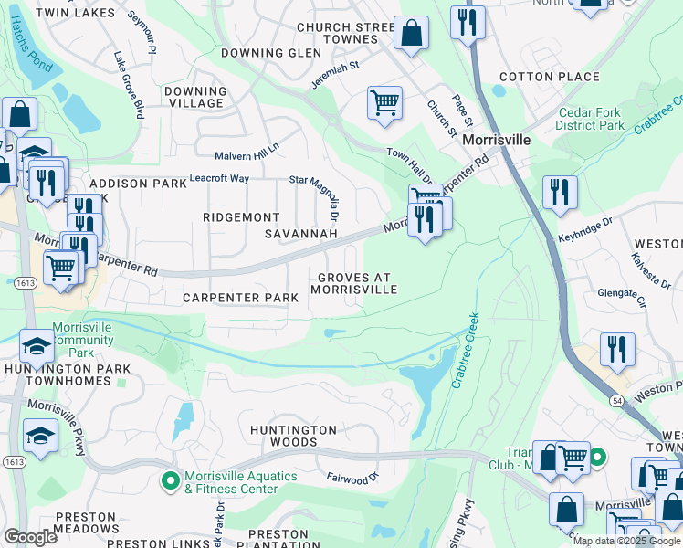 map of restaurants, bars, coffee shops, grocery stores, and more near 200 Misty Groves Circle in Morrisville