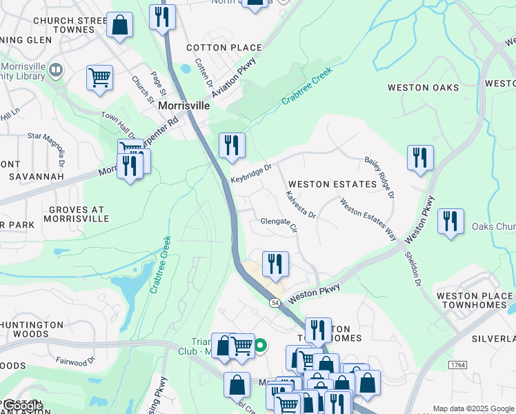 map of restaurants, bars, coffee shops, grocery stores, and more near 1427 Langstonshire Lane in Morrisville