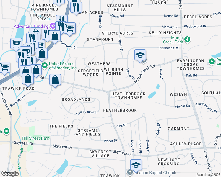 map of restaurants, bars, coffee shops, grocery stores, and more near 3500 Milky Way in Raleigh