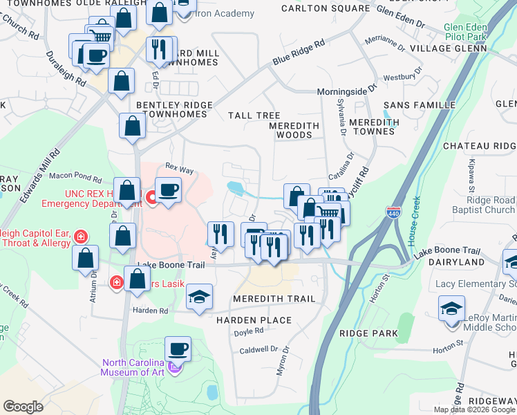 map of restaurants, bars, coffee shops, grocery stores, and more near 8 Landmark Drive in Raleigh