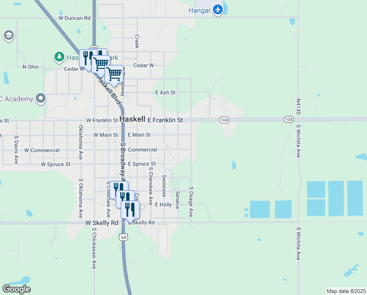 map of restaurants, bars, coffee shops, grocery stores, and more near 506 West Commercial Street in Haskell