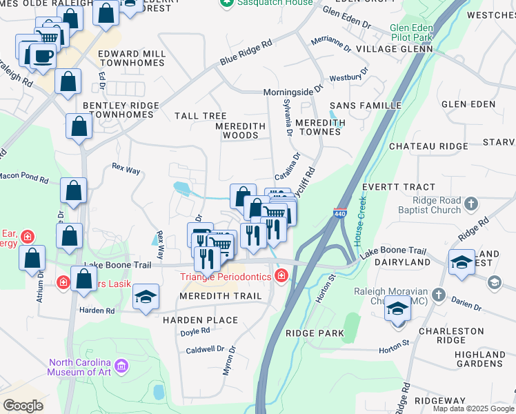 map of restaurants, bars, coffee shops, grocery stores, and more near 2603 Village Court in Raleigh