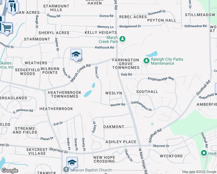 map of restaurants, bars, coffee shops, grocery stores, and more near 2836 Roundleaf Court in Raleigh