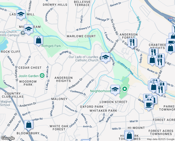 map of restaurants, bars, coffee shops, grocery stores, and more near 2803 Anderson Drive in Raleigh