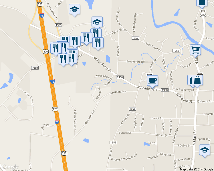 map of restaurants, bars, coffee shops, grocery stores, and more near 117 Reece Court in Randleman