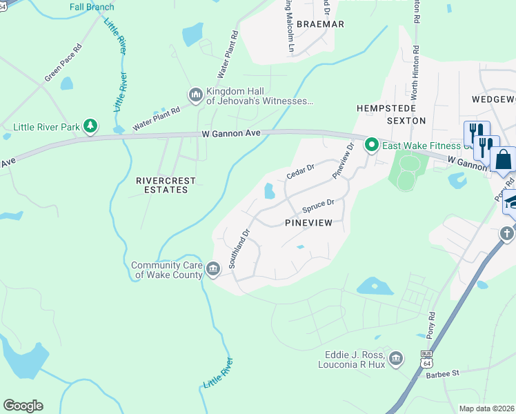 map of restaurants, bars, coffee shops, grocery stores, and more near 105 Pineview Drive in Zebulon