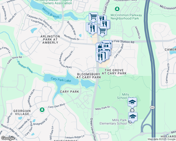 map of restaurants, bars, coffee shops, grocery stores, and more near 5045 Cary Glen Boulevard in Cary