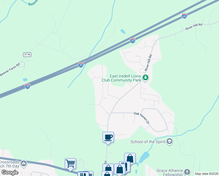 map of restaurants, bars, coffee shops, grocery stores, and more near 275 River Hill Road in Statesville