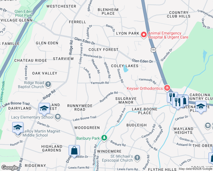 map of restaurants, bars, coffee shops, grocery stores, and more near 705 Yarmouth Road in Raleigh