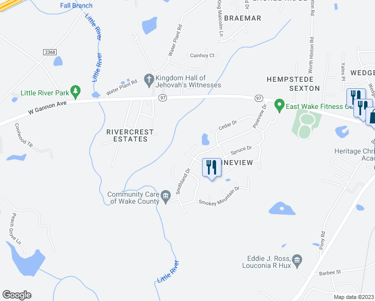 map of restaurants, bars, coffee shops, grocery stores, and more near 105 Lonesome Wind Way in Zebulon