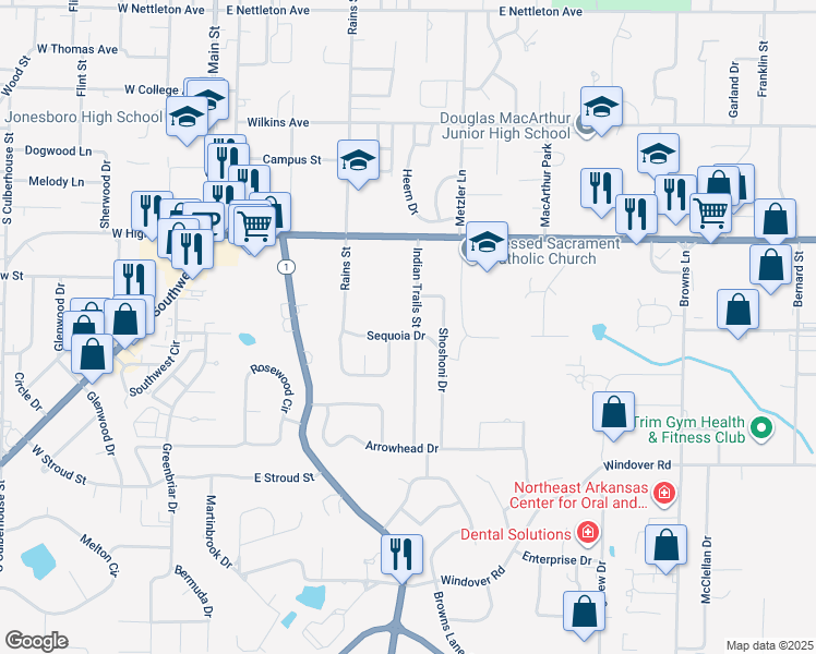map of restaurants, bars, coffee shops, grocery stores, and more near 2113 Indian Trails Street in Jonesboro