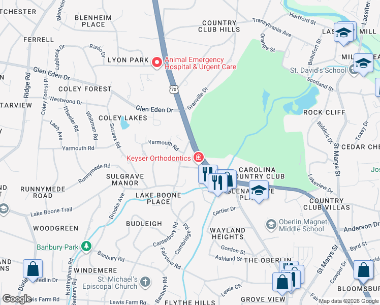 map of restaurants, bars, coffee shops, grocery stores, and more near 2717 Glenwood Avenue in Raleigh