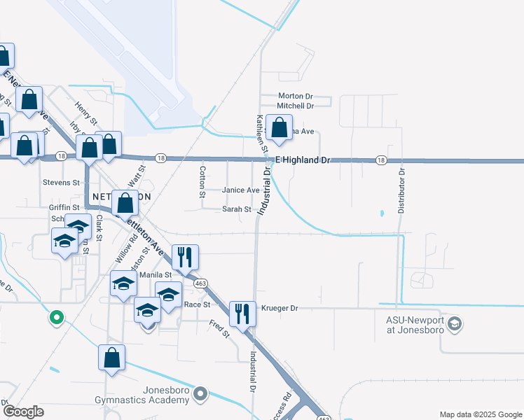 map of restaurants, bars, coffee shops, grocery stores, and more near 4698 Sarah St in Jonesboro