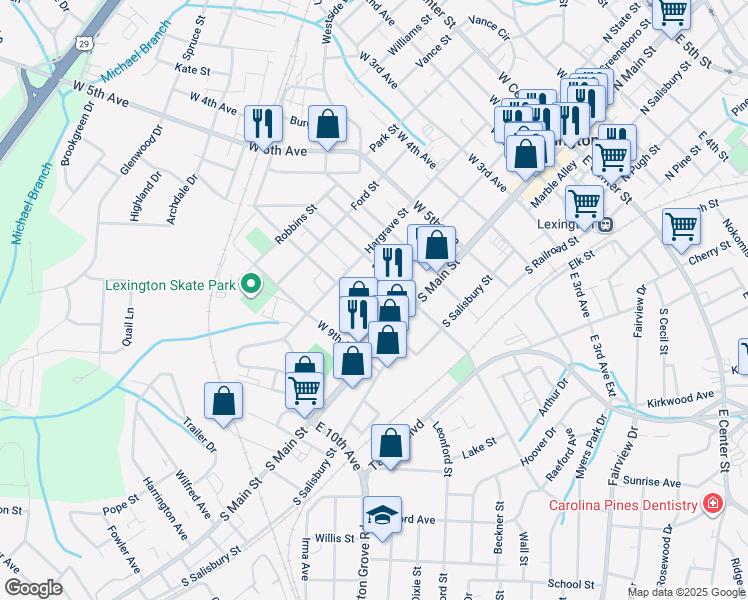 map of restaurants, bars, coffee shops, grocery stores, and more near 751 South State Street in Lexington