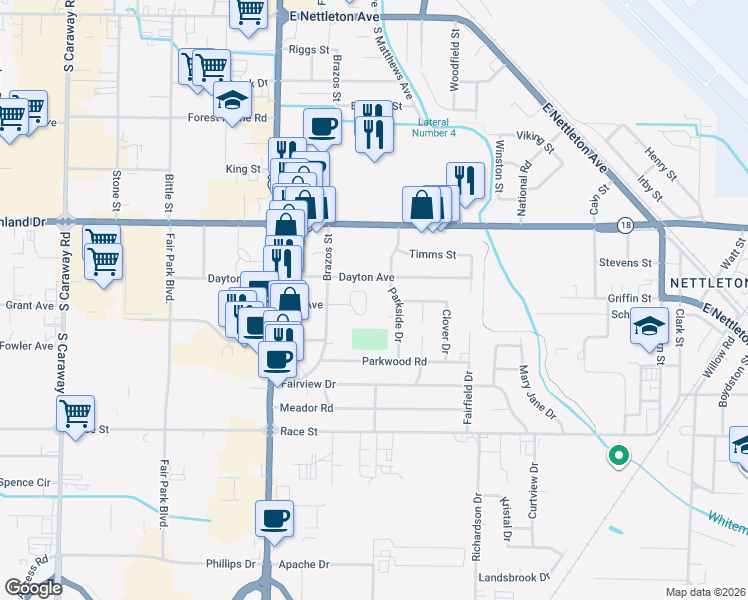 map of restaurants, bars, coffee shops, grocery stores, and more near 2114 Sun Cir in Jonesboro