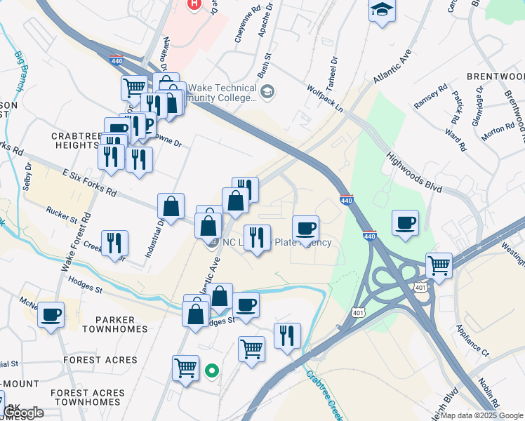 map of restaurants, bars, coffee shops, grocery stores, and more near 2821 Wilshire Hill Drive in Raleigh